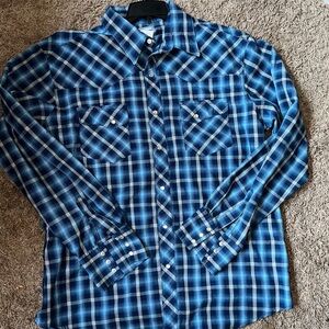 Wrangler Men's Blue and White Plaid Button Down Shirt LG